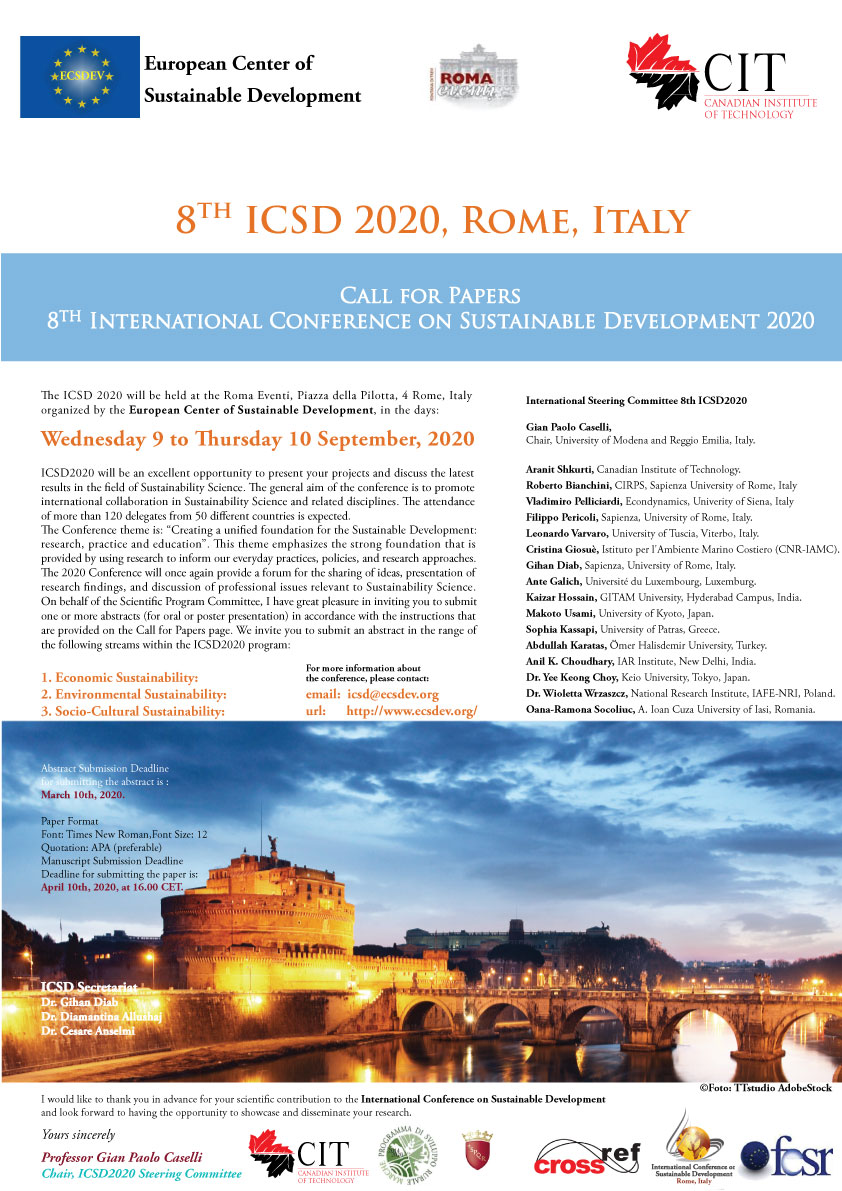 procedia -(  ICSD 2020 : 8th International Conference on Sustainable Development, 9 - 10 September 2020 Rome, Italy   )